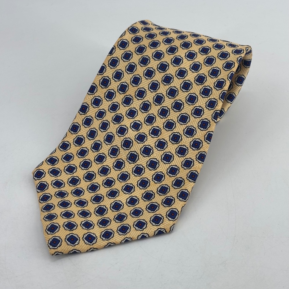 Polo Ralph Lauren Necktie Mens 3.75" Tan Blue Medallion Silk Handmade USA Tie